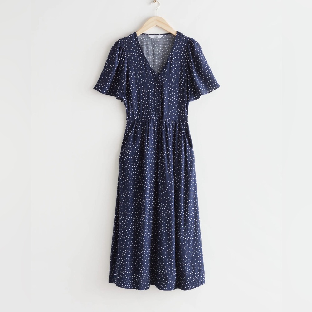 & Other Stories Flutter-Sleeve Midi Dress – Navy Dot – Size 12